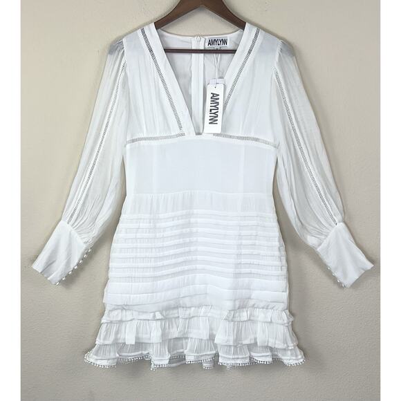 AMYLYNN White Romantic Ruffle Mini Dress M Long Sleeve Cottagecore NWT - Picture 2 of 10